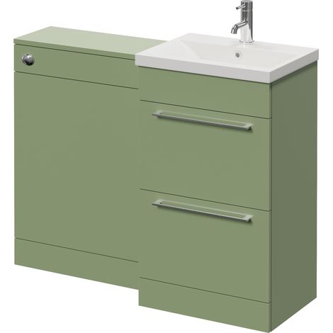Napoli 390 Cento Olive Green 1100mm 2 Drawer Vanity Unit Toilet Suite with Glide Basin - 1100mm - Chrome 320mm HandleWithout Kingston Toilet Pan