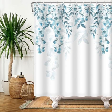 105x160cm Sarcelle Vert Feuilles Rideau de Douche Eucalyptus Feuille Naturel Plante Bifurquer Rideau de Bain Blanc Rideau de Baignoire pour Enfants Salle Bains Polyester avec Crochets (1/5)