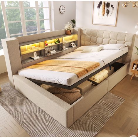 Bett 140x190 mit Stauraum LED USB L Form Beige HAVRYA (1/5)
