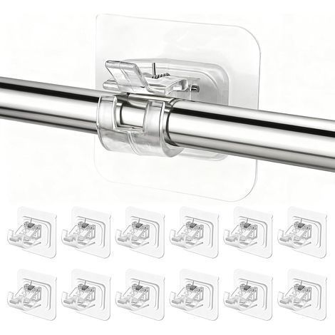 12 Pièces Support Tringle Rideaux sans Percage, Crochet Rideau Adhesifs Transparent avec Accroche Barre Porte pour Porte Serviettes, Salle Bain, Hôtel, Cuisines (1/5)