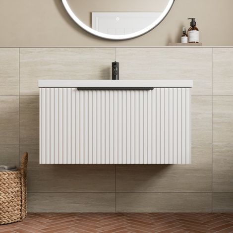 Fluted 800mm Bathroom Vanity Unit Basin Wall Hung Cupboard Soft Close Matt White (1/5)