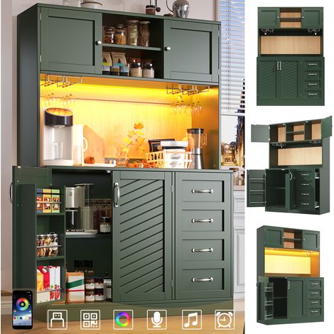 Buffet de cuisine et meuble de rangement, 120 x 40 x 188 cm, avec éclairage LED intégré, étagère à snacks et porte-gobelets, 4 portes + 2 grands tiroirs, coloris vert/noir/blanc (1/5)