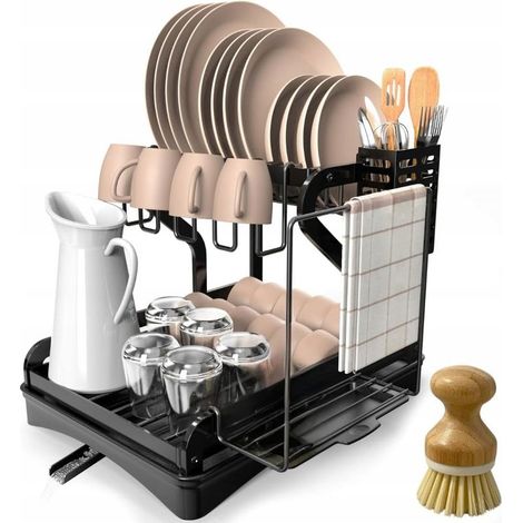 Égouttoir à vaisselle XL noir avec plateau et brosse (1/5)