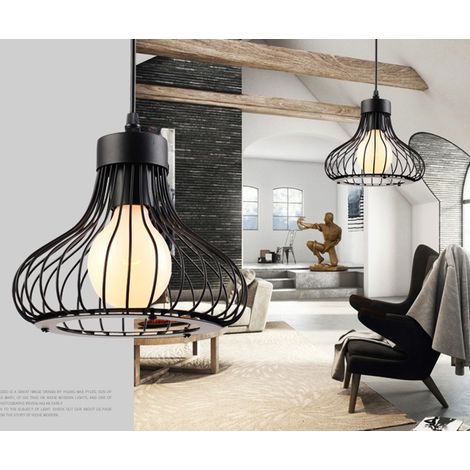 Pendelleuchte Ø23cm Kürbis Form Hängelampe im Industri Stil Kronleuchter mit Käfig aus MetAlles E27 Halter für Wohnzimmer Esszimmer Schwarz 2PCS