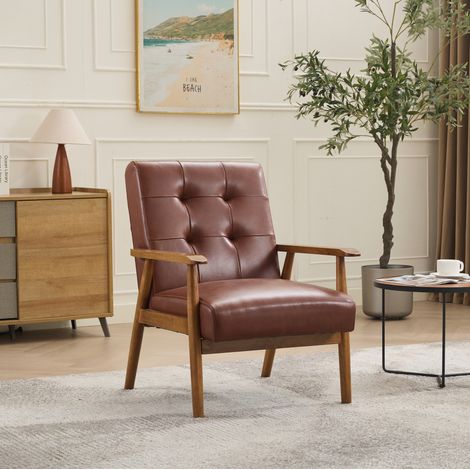 Poltrona lounge 64x80x83 cm marrone, braccioli in legno, pelle, pronta all’uso (1/5)