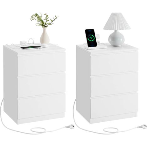 Mesita de noche con regleta mesa auxiliar con 3 cajones 2 tomas de CA 2 puertos USB frentes de cajón biselados para salón dormitorio oficina moderna blanca 120007612