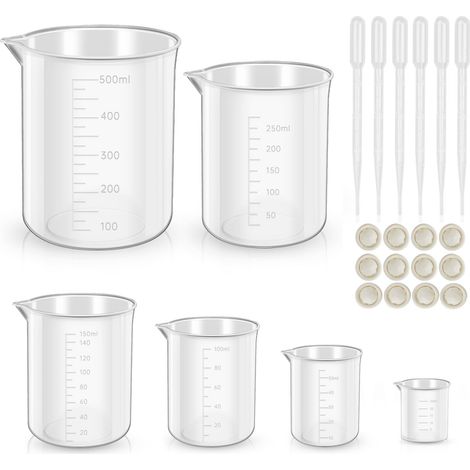 Gobelets doseurs - 25 ml, 50 ml, 100 ml, 150 ml, 250 ml, 500 ml - Résistants à la chaleur - En plastique - Avec graduation, pipettes - Pour laboratoire et cuisine (1/5)