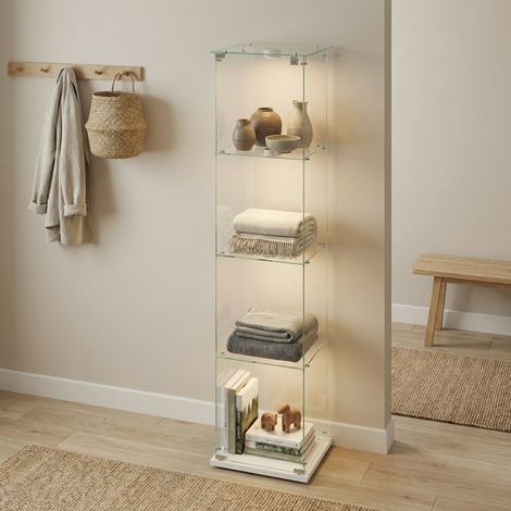 Vetrina in vetro a 4 ripiani con 1 anta, 39,8x35x163 cm, illuminazione LED con telecomando, mobile espositore in vetro temperato per soggiorno e collezioni, stile scandinavo, Bianco