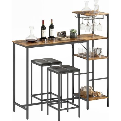 3-Piece Bar Table Set with 2 Stools, Rustic Brown (1/5)