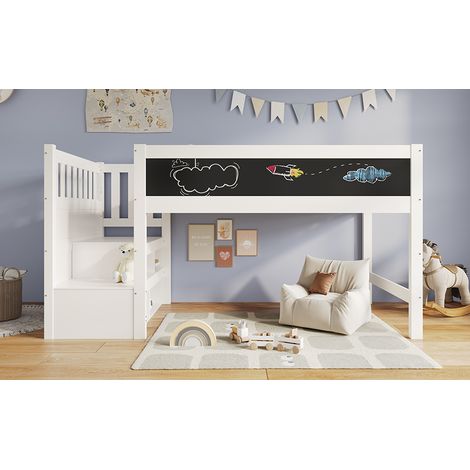 Lit mezzanine enfant en MDF et bois massif blanc 90x200 cm avec escalier rangement, tableau réversible et barrières (1/5)