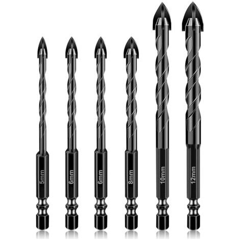 Forets de Maçonnerie, 6 PCS Forets Hélicoïdaux en Carbure de Tungstène pour Carreaux de Céramique, Béton, Murs de Briques, Verre, Miroirs, Plastique, Bois(5, 6, 6, 8, 10, 12 mm) (1/4)