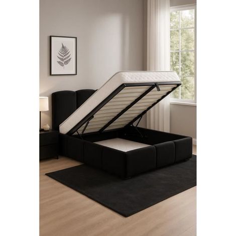 Lit Coffre de Rangement Delphine en Velours – Élégance Douce et Fonctionnalité Optimale Noir - Lit + sommier 160x200cm (1/3)