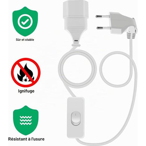 Euro Extension Cable with Switch Extension Cable for Household Appliances, Table Lamps, Charging Sockets, TVs, Computers (White, 2m) (1/4)