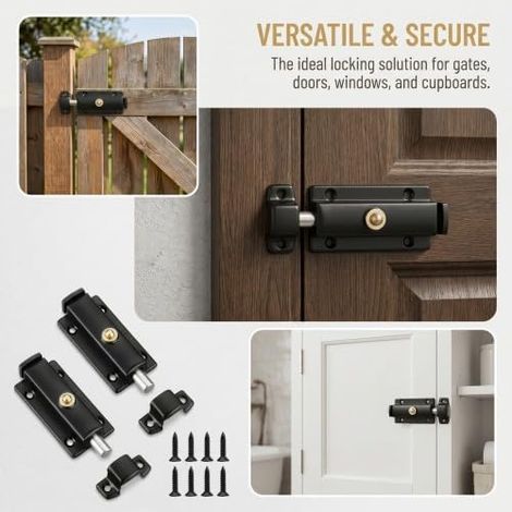 Verrou de Porte Automatique Poussoir, Targette Verrou à Ressort pour Porte Jardin, Coulissante, Fenêtre, Armoire, Aluminium, Noir (1/4)