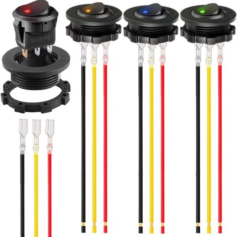 4Pcs rond Switch Rocker Shell DC 12V 20A, DC 24V 10A, SPST 3 Pin On Off Red/Blue/Green/Yellow LED éclairé interrupteur avec coquille ronde et fils de borne verrouillés 4Color