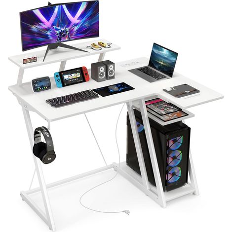 COSTWAY Escritorio Esquinero 99x80cm, Toma de Corriente y 2 Puertos USB, Escritorio en L con Estante para Monitor, Gancho para Auriculares y Estante de Almacenamiento, Mesa en L Oficina Casa (Blanco) (1/5)