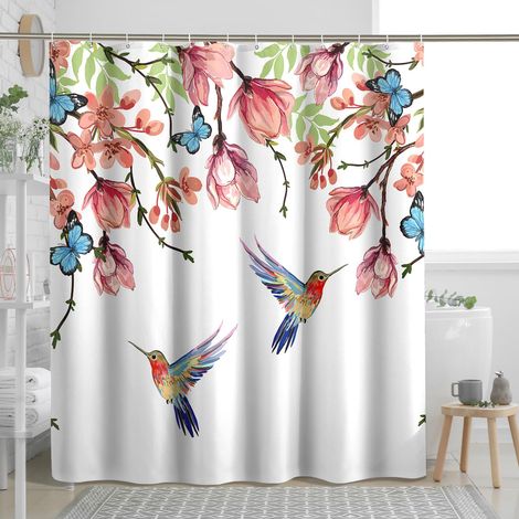 150 x 180 cm Duschvorhang mit Blumen- und Vogelmotiv, Aquarell-Blumenmuster in Pastellfarben, wasserdichtes Polyestergewebe für Badezimmer, inklusive 12 Haken