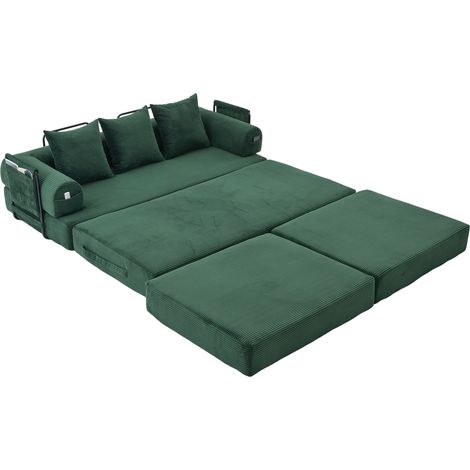 Canapé modulaire en velours côtelé avec ottomane, structure métallique, poche latérale et 3 coussins - vert émeraude (1/5)