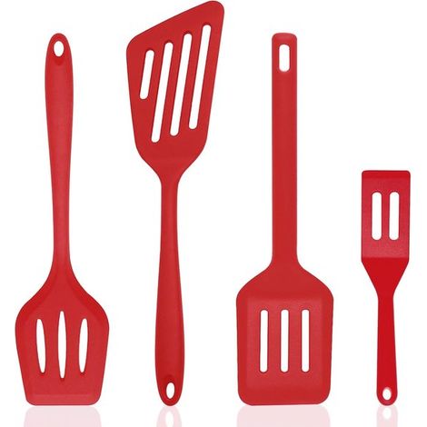 Espátula de silicona - Juego de 4 espátulas de silicona - Espátula de cocina - Espátula perforada para pescado, huevos, panqueques y tortillas - Roja (1/5)