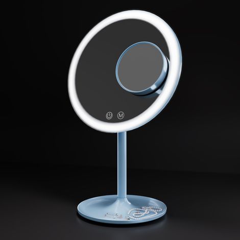 EMKE® Specchio cosmetico con illuminazione, blu chiaro, 1 X / 3 X LED, girevole a 90° con 3 colori di luce, dimmerabile, ricaricabile USB, specchio da tavolo per trucchi e rasatura (1/5)