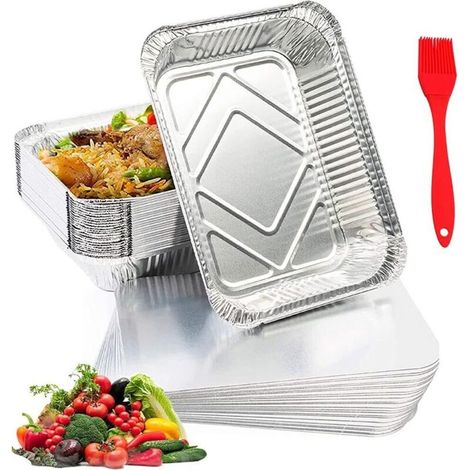 Lot de 50 plateaux en aluminium avec couvercles en aluminium plateaux jetables en aluminium pour la cuisson au gril - 600 ml (1/4)