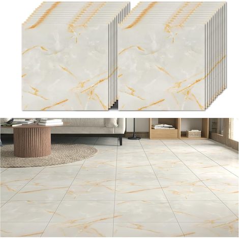Carrelage Adhesif Sol Marbré Jaune Clair 24 Pièces Dalle PVC Adhesive Sol Adhesif Dalle Garage Autocollant Carrelage Cuisine Carreaux Adhesif Salle de Bain Salon Épaissir 1.5mm 30cm × 30cm (1/5)