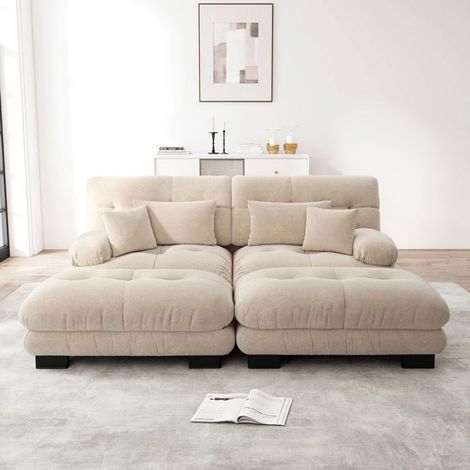 Canapé d'angle220x145x81 Chenille avec 2 Ottomans et 2 Coussins Lombaires, Design Cloud Confortable pour Salon,Style Vintage, Marron (1/5)