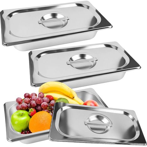 Set di 3 contenitori per alimenti in acciaio inox con coperchi, 32,5×17,5×6,5 cm, contenitori gastro in acciaio inox GN 1/3 con coperchi, resistenti alla ruggine e durevoli, piatti gastro in acciaio i (1/5)