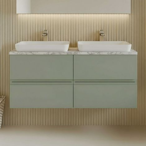 Hudson Reed Urban Wall Hung 4-Drawer Vanity Unit with Carrera Marble Worktop 1200mm Wide - Satin Green (1/4)