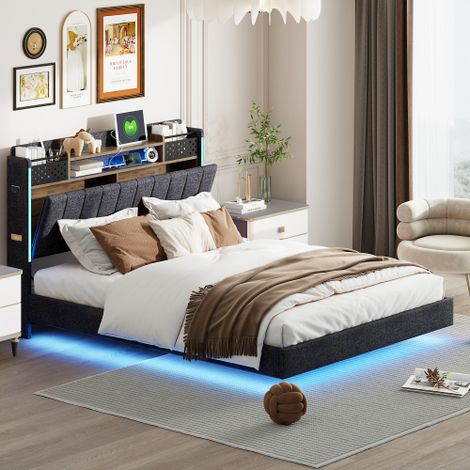 Lit adulte 140x200 cm lit double rembourré, lit flottant avec éclairage LED, prise USB et chevet de rangement, tissu en lin gris, sans matelas (1/5)