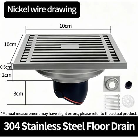 (Nickel wire drawing)Stainless Steel Square Floor Drain 10cm Odor-Proof Design Removable Grate Hair Catcher Shower Drain For Bathroom Laundry Room (1/4)
