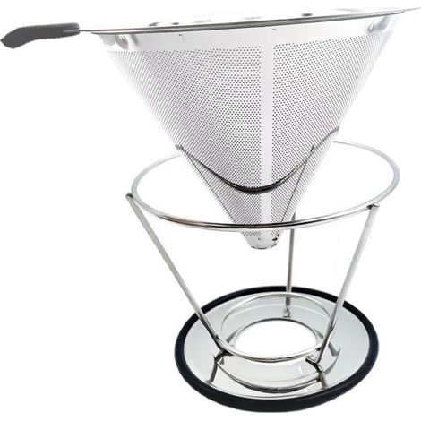 QAZQA Filtre à Café Permanent en Inox sans Papier avec Tube Brosse de Nettoyage,Goutteur de Café Cône Réutilisable avec Double Maille en Inox et Anse en Silicone pour 1-4 Tasses (1/5)
