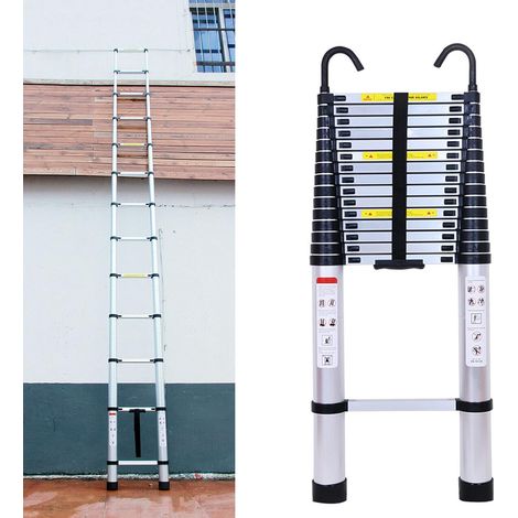 Échelle télescopique extensible de 4,4 m avec 2 crochets, loft robuste en aluminium, marche multi-usages 15 échelons, charge maximale 150 kg EN131, Argent, Noir, 4,4m-Aluminium-2 crochets (1/5)