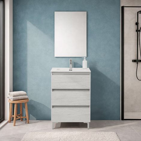 Mobile bagno a terra 60 cm in quercia bianca con lavabo e specchio Leda (1/5)
