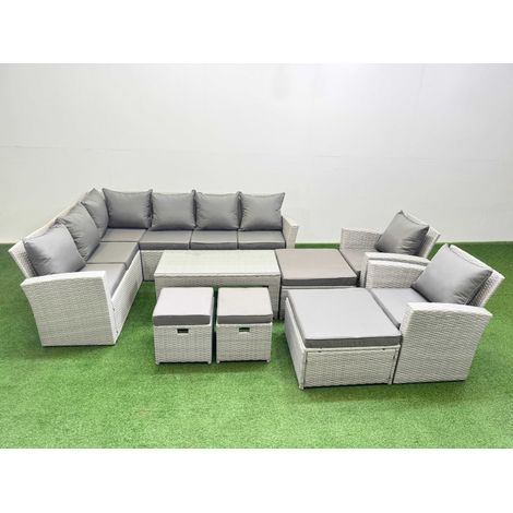 Fimous Rattan Garden Furniture Set Outdoor 12 Seater Corner Sofa Sets with Oblong Coffee Table Chair 4 Footstools Light Grey Mixed (1/5)