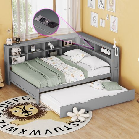 Cama con cama adicional, sofá cama doble de 140 x 200 cm y 90 x 190 cm con enchufe USB, de madera maciza, gris (1/5)