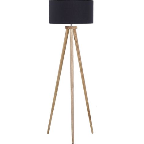Lámpara de pie poli algodón negro 142 cm paras de madera clara de roble trípode pantalla en forma de tambor estilo moderno Nitra (1/5)