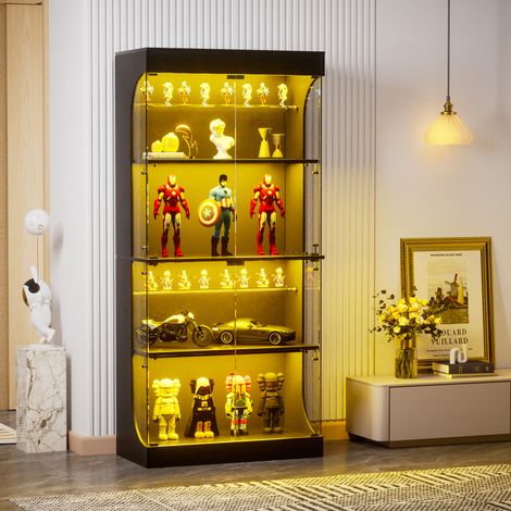 Vitrine verre 4 étages 80 x 35 x 165cm éclairage LED portes vitrées capteurs intelligents, armoire antipoussière noir pour salon