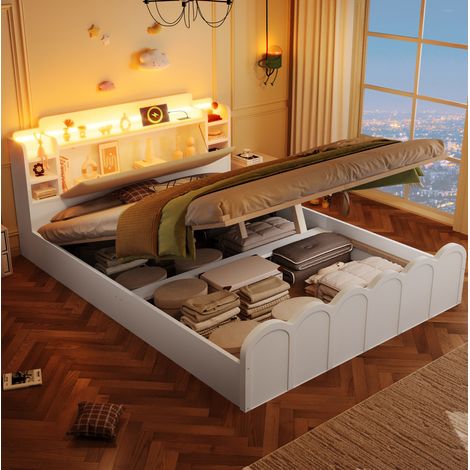 Letto contenitore 140x200 cm in pannelli di legno bianchi con LED e USB-C - MEUBLIV (1/5)