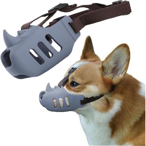 Muselière en silicone pour chien – Forme rhinocéros – Taille S – Réglable – Empêche de mâcher – Pour promenades et coupe des griffes – Gris (1/5)