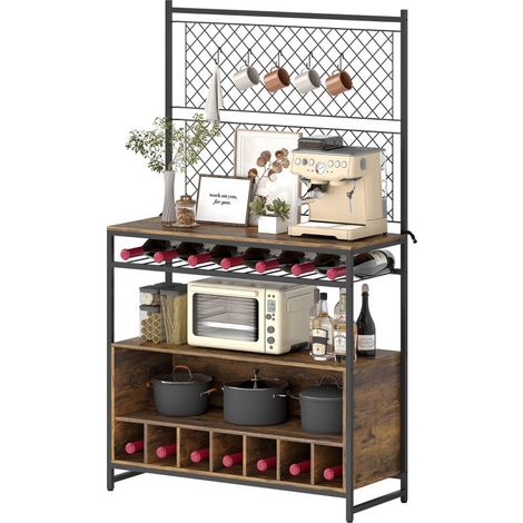 Étagère de cuisine avec plan de travail, panneaux en maille métallique, 5 crochets, meuble de rangement pour épices, casseroles et poêles, marron