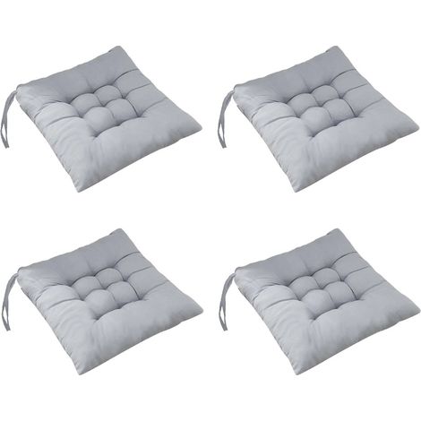 Ensemble de 4 coussins de chaise 40 x 40 cm en mousse à mémoire de forme capitonnée, avec attaches, pour la cuisine, la salle à manger, le salon ou l'extérieur. Gris. (1/5)