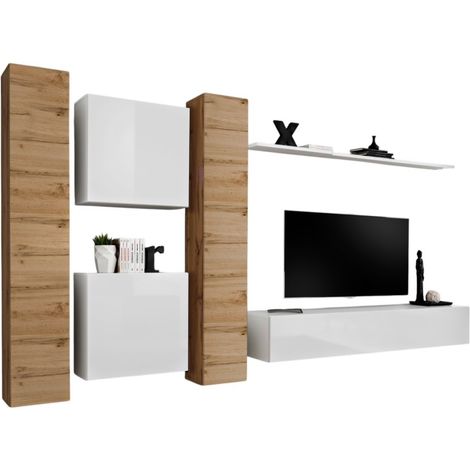 Set di mobili da salotto da parete SWITCH VI design, colore bianco lucido e rovere Wotan.