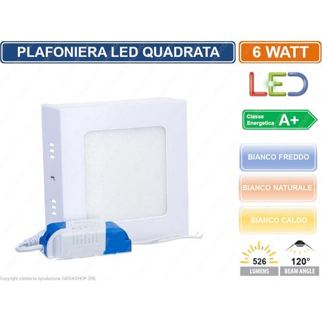 PLAFONIERA PANNELLO LED 6W QUADRATA A MONTAGGIO SUPERFICIALE 3000K - 4000K - 6500K - Colore Luce: Bianco Naturale