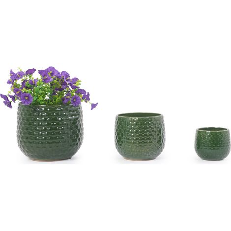 CHICFURN Set de 3 maceteros de cerámica verde oscuro brillante, hechos a mano, con relieve de nudos, para interior y exterior, balcón, terraza y jardín (1/5)