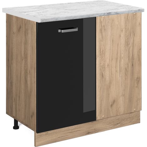 Eckunterschrank R-Line, Schwarz Hochglanz, 86 cm AP Marmor, Vicco