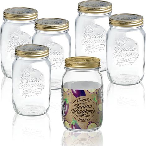 Set 6 Vasi barattolo in Vetro Quattro Stagioni 1000gr con Capsula a vite con pulsante verifica freschezza Ermetica 100cl Vasocottura Pastorizzazione Contenitori vasetti Lead Free Bor-mioli Ro-cco (1/5)
