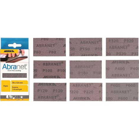 Mirka Abranet - Strisce abrasive a rete, 70 mm x 125 mm, confezione da 1 di ogni grana 80, 100, 120, 150, 180, 220, 320, 400, 600/9 pezzi, per levigare legno, spatola, vernice, plastica