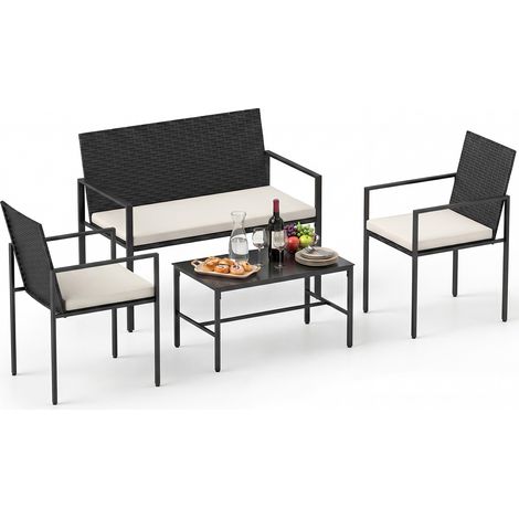 Ensemble mobilier de jardin 4 pièces en rotin PE tressé, 2 fauteuils, banquette 2 places et table basse verre trempé, couleur beige pour terrasse, balcon et bord de piscine (1/5)