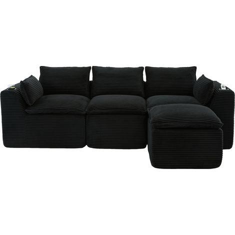 Divano modulare 3 posti con pouf, cuscini, portabicchieri e 2 tasche laterali, velluto a coste nero (1/5)